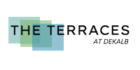 A graphic with the text "The Terraces at DeKalb" in white and green on a black background.