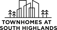 A black and white image of a city skyline with the words "Townhomes at South Highlands" written below it.