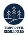 A logo with the words TimberVeil Residences and three trees inside a circle.