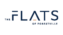 A logo with the text "The Flats of Forestville" in blue and orange.
