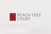 A logo with a red square and the words "Peach Tree Court" in black.