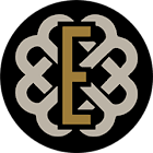A black and white image of a letter E surrounded by a celtic knot design.