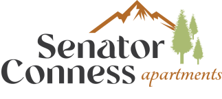 the logo for sensation apartments with a mountain and trees