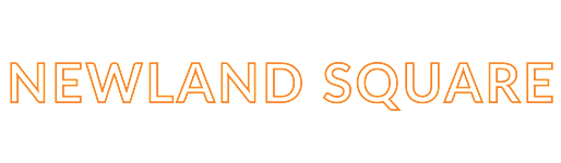 The image displays the words "NEWLAND SQUARE" in orange text on a black background.