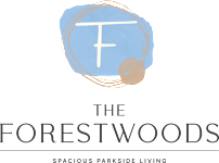 The image is a logo for a parkside living named The Elmwoods.