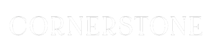 The image displays the word "CORNERSTONE" in large, white, serif font on a green background.