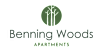 a logo for bening woods apartments with a tree on a green background