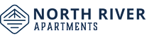a logo with the words north river apartments on a black background