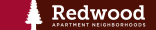 the logo for redwood apartment neighborhoods with a red background and white letters