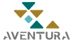 The image shows a logo with the word "AVENTURA" below it, featuring a design of overlapping triangles in various colors.