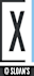 A black letter X on a white background with a blue stripe on the right side.