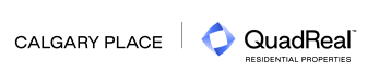 The image features the text "CALGARY PLACE" and "QuadReal RESIDENTIAL PROPERTIES" with a blue geometric logo.