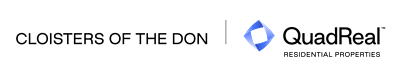 The image features the logos of two entities, "CLOISTERS OF THE DON" and "QuadReal RESIDENTIAL PROPERTIES".