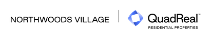 The image features the text "NORTHWOODS VILLAGE" and "QuadReal RESIDENTIAL PROPERTIES" with a logo in between.