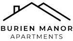 A black and white image of a house with the words Burien Manor Apartments written underneath it.