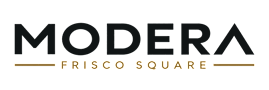 The image displays the text "MODERA Frisco Square" in a bold, black font with a golden underline.