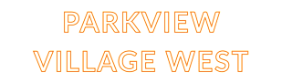 The image displays the words "PARKVIEW VILLAGE WEST" in orange text on a green background.