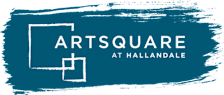 A blue and green logo for Artsquare at Hallandale.