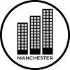 a white and black logo with the word manchester in the middle