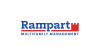 a blue and red logo on a white background