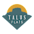 The image is a logo for "Talus Flats" with a mountain silhouette and a sunset in the background.