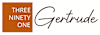A brown square with the words "Three Ninety One" and a stylized word "Gertrude" to the right.