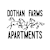 A black and white image of three horses running with the words "Dothan Farms Apartments" above them.