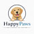 A logo for "Happy Paws" features a cheerful dog with a tag and a blue circle around it.
