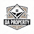 A logo for QA Property features a stylized house in the center of a shield.