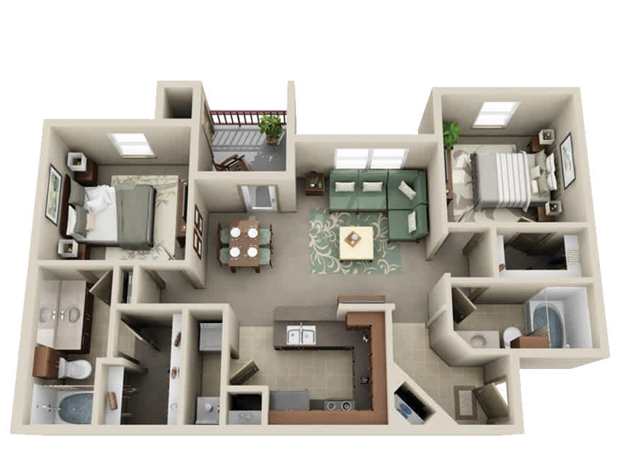 Two bedroom two bath floor plan, 1,030 square feet, at Timber Creek Apartments in Sulphur Springs, TX
