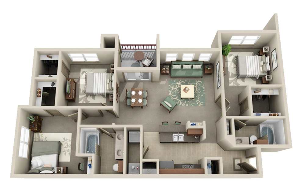 Three bedroom two bath floor plan, 1,240 square feet, at Timber Creek Apartments in Sulphur Springs, TX