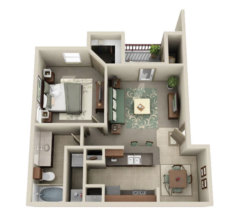 One bedroom one bath floor plan, 731 square feet, at Timber Creek Apartments in Sulphur Springs, TX