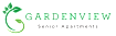 A logo for "Gardenview Senior Apartments" featuring a stylized green plant or vine.