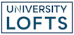 A blue and white sign that says University Lofts.