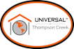 A logo with a house and a globe in the middle and the text 'UNIVERSAL at Thompson Creek'.