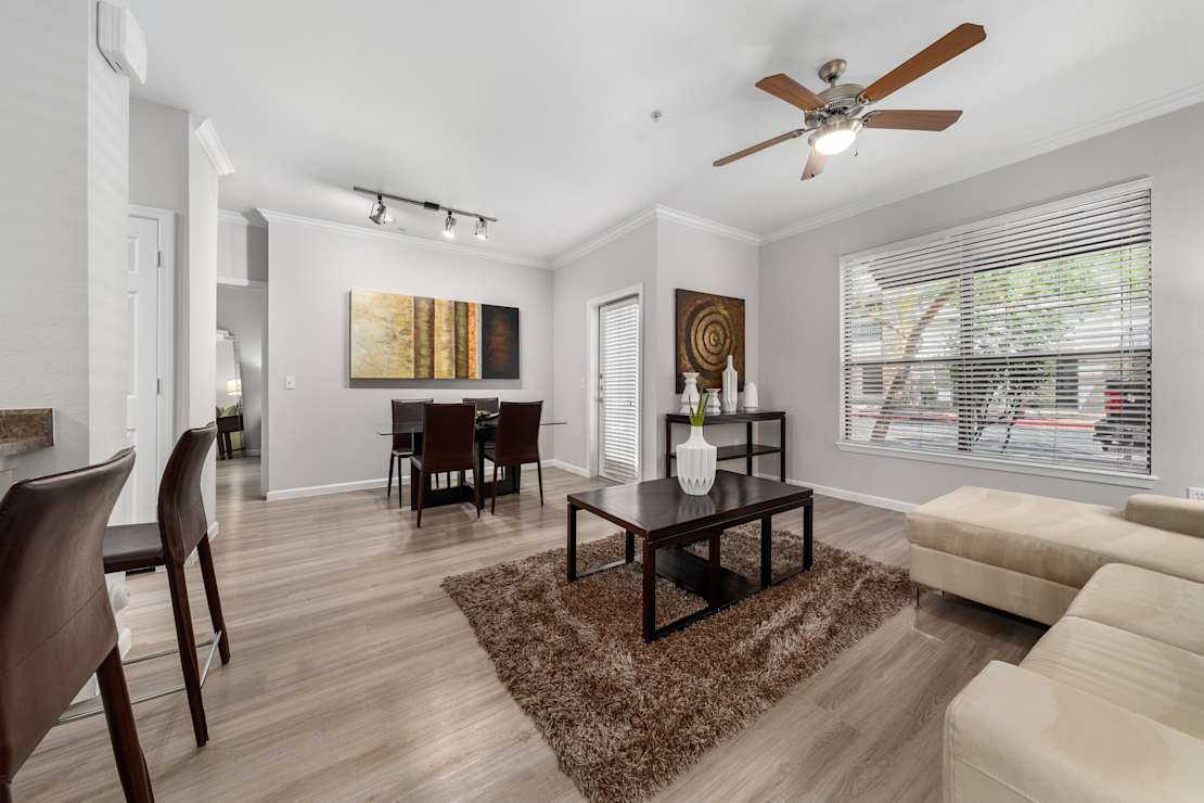 Furnished apartment living area shown at Residences at FortyTwo25.