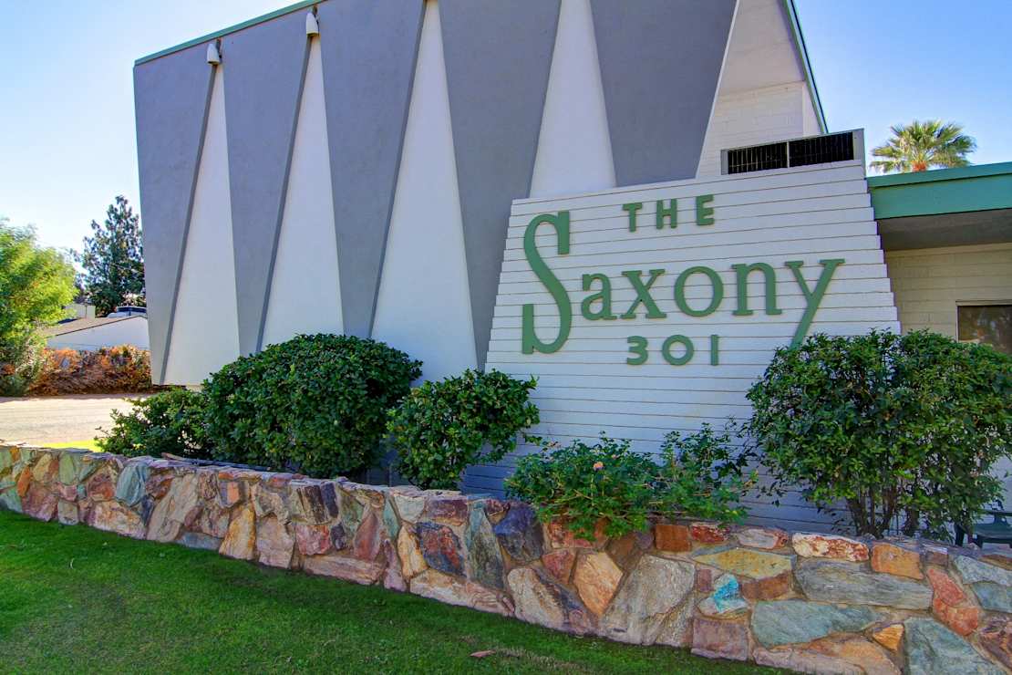 Building exterior at Saxony Apartments.