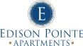 a blue and yellow logo with the words edison pointe apartments on a green background