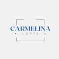 A blue and white logo that says "Carmelina Lofts".
