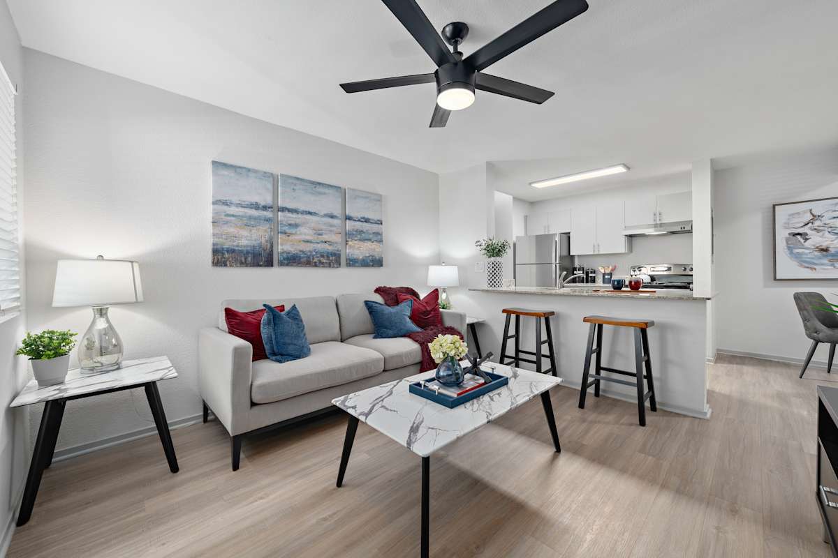 Furnished apartment living area shown — representative home at The Halifax.