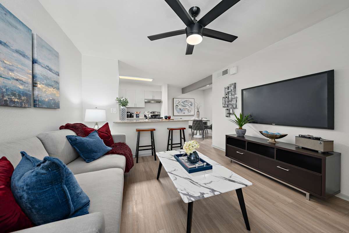 Furnished apartment living area shown — representative home at The Halifax.