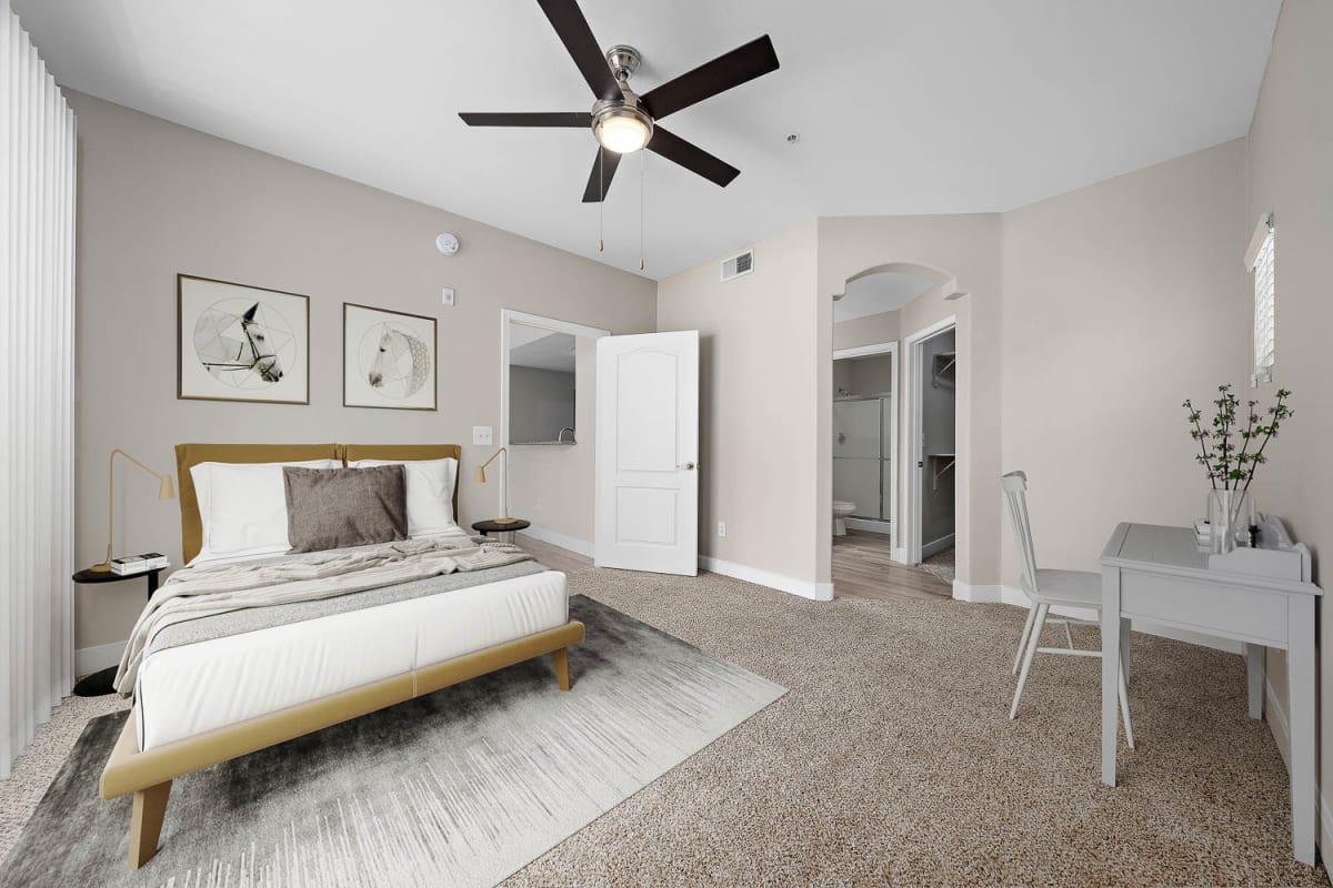 Furnished bedroom shown at The Met at 3rd and Fillmore.