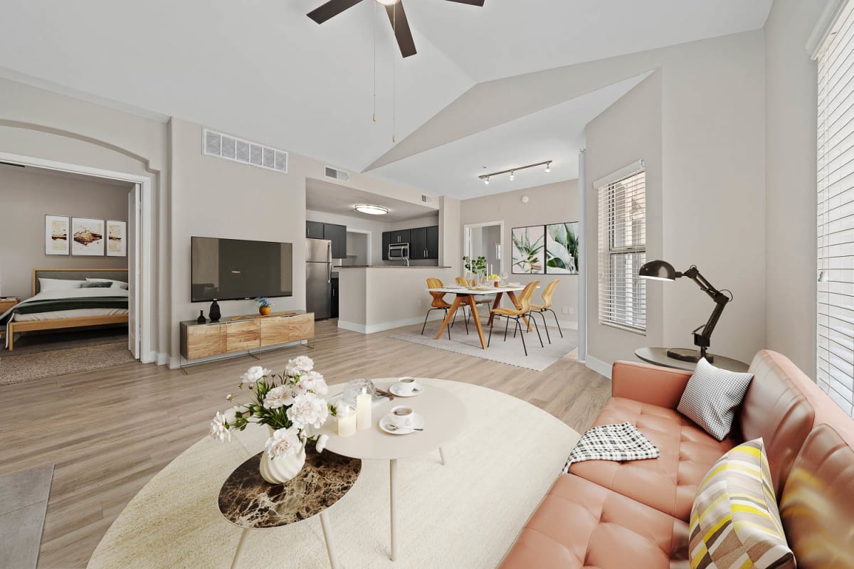 Furnished apartment living area shown at The Met at 3rd and Fillmore.