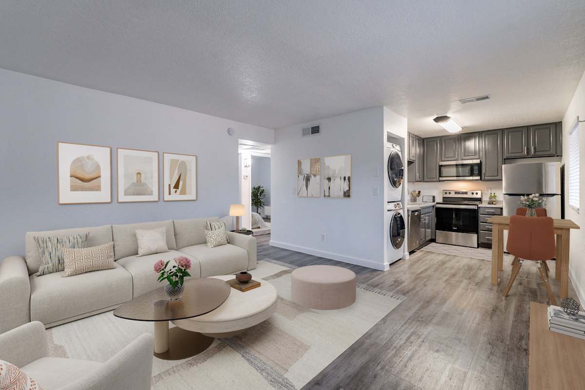 Furnished apartment living area shown — representative home at Montecito Apartments.