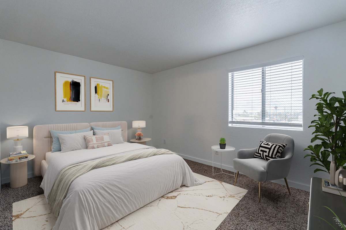 Furnished bedroom shown — representative home at Montecito Apartments.