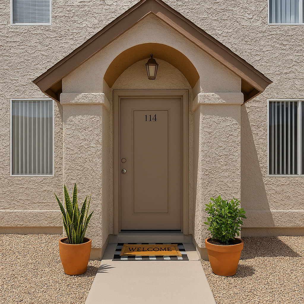 Apartment front door beneath an arched entry — view 1 at Woodridge Manor.