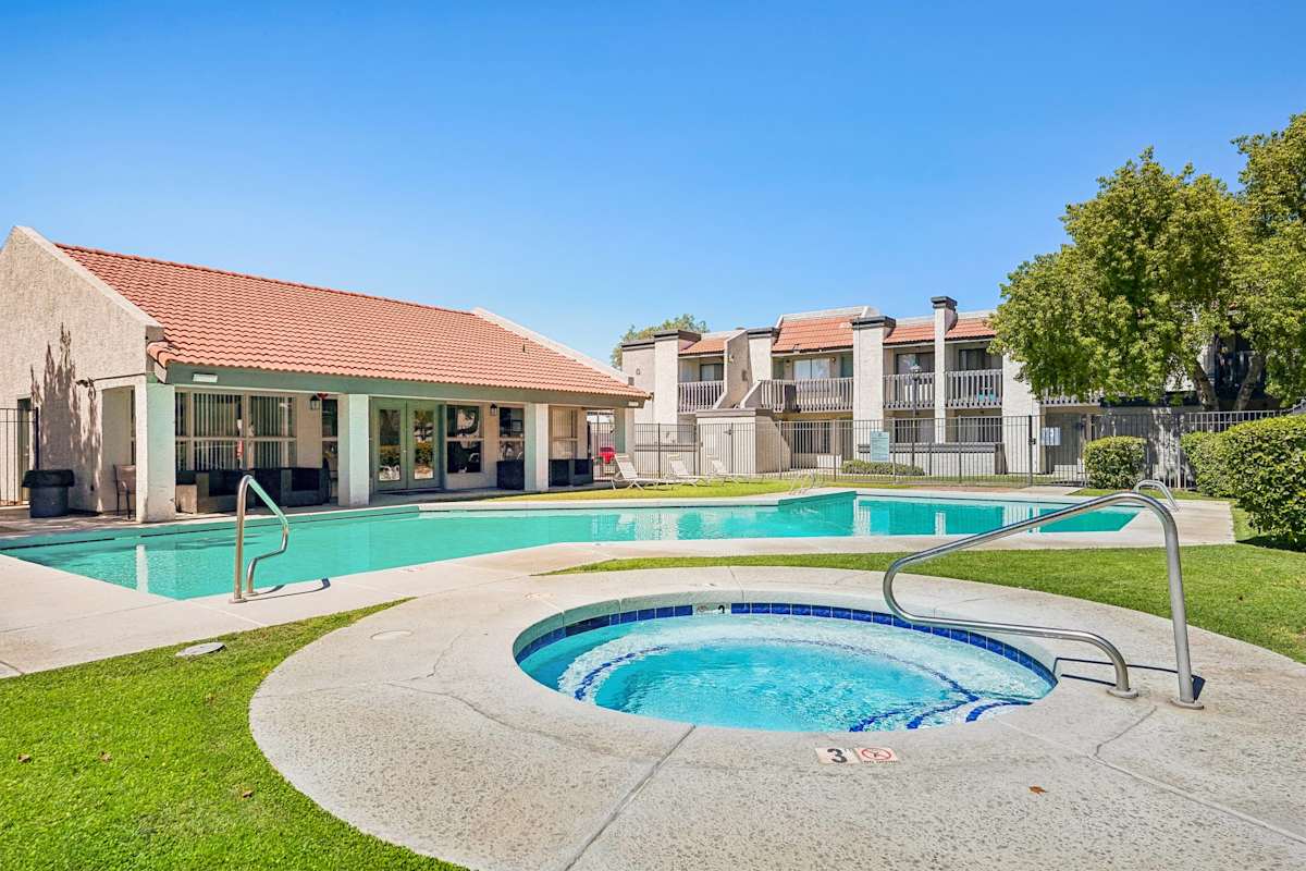 Acacia Pointe pool and surrounding apartment buildings.