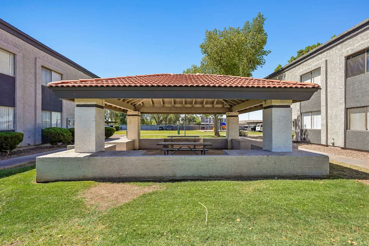 Covered outdoor gathering area.