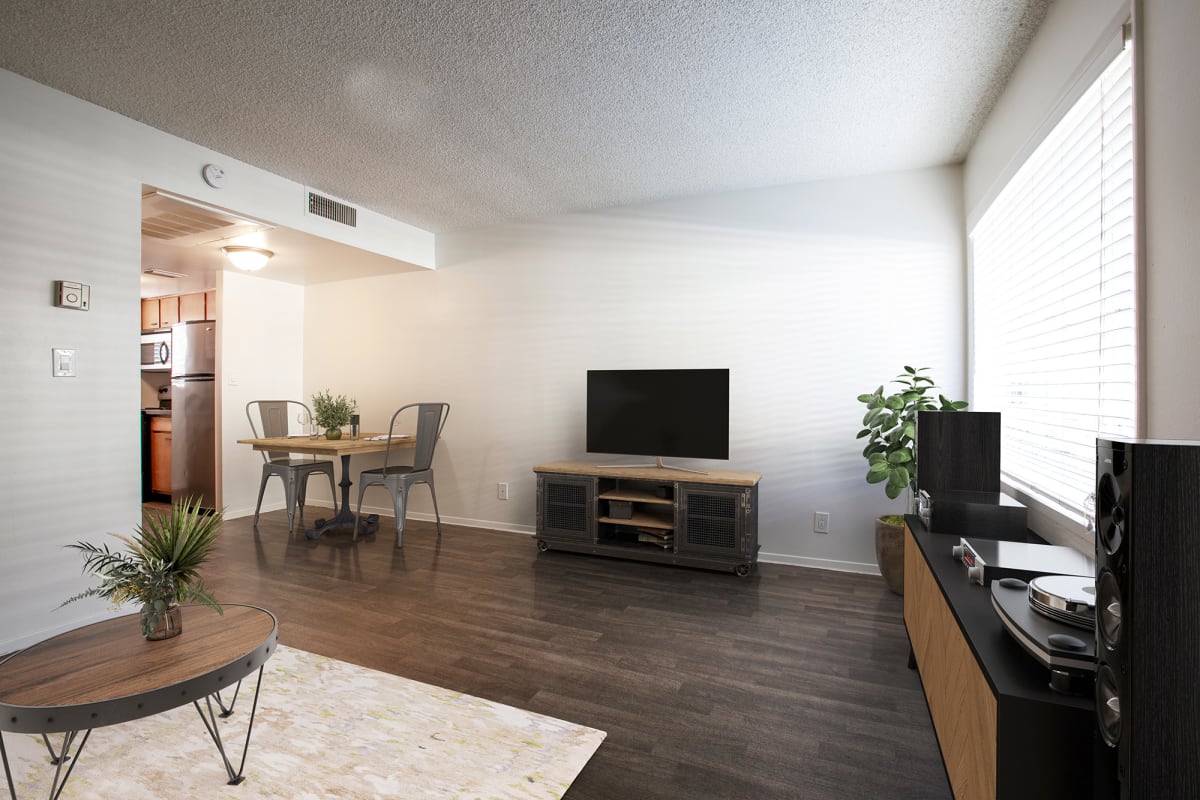 Furnished apartment living area shown at The Continental.