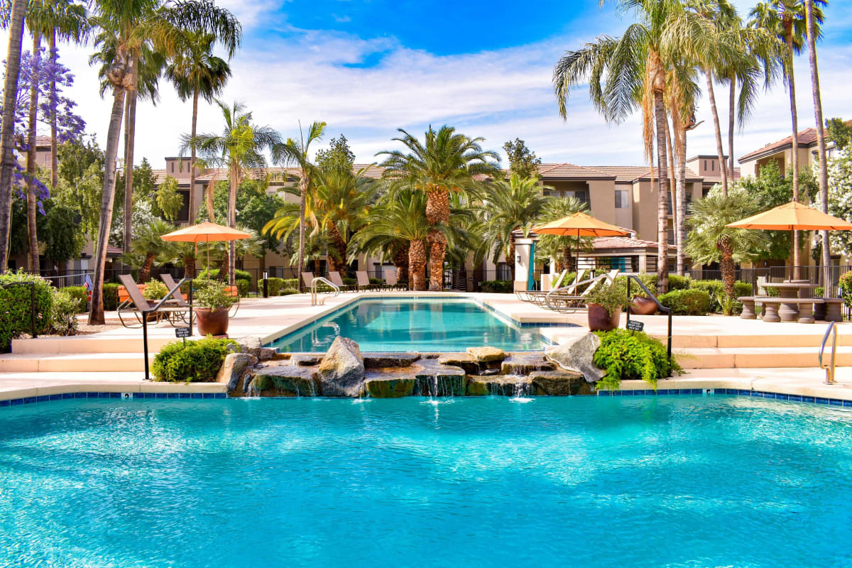 Pool and poolside area at Cortina Apartments.